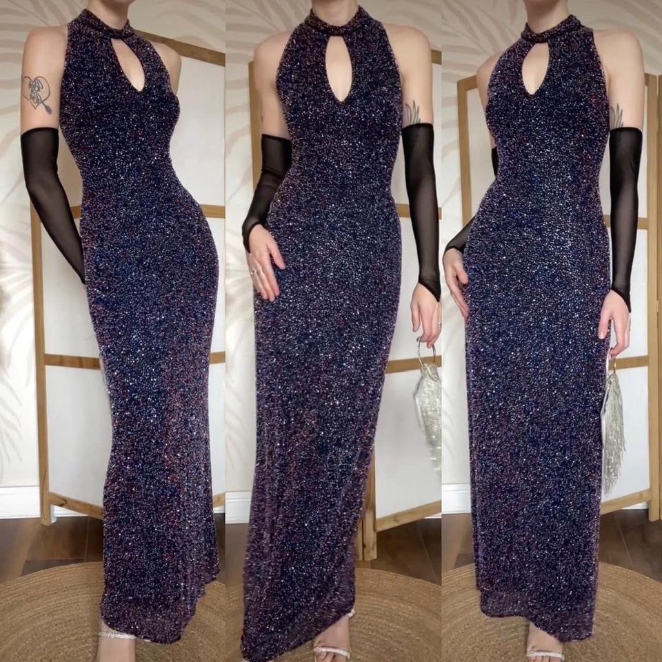 Navy silk high neck beaded evening dress UK 12-14