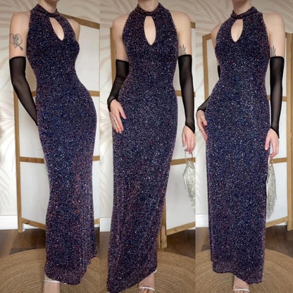 Navy silk high neck beaded evening dress UK 12-14