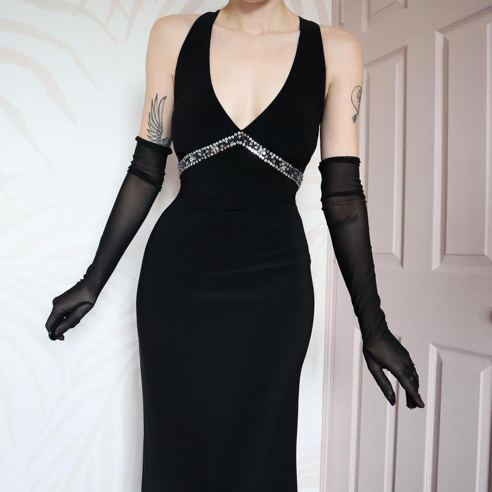 Black stretch open back evening gown UK 12-14