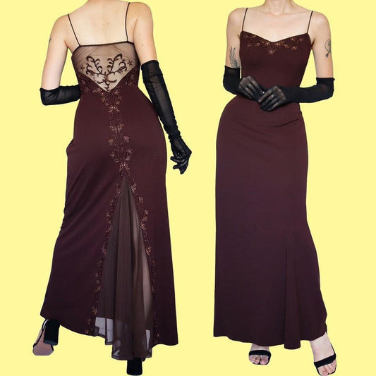 Brown stretch floral lace evening dress UK 12