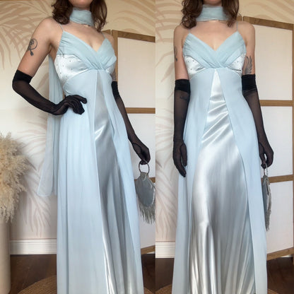 Baby blue satin & chiffon prom dress & shawl uk 10