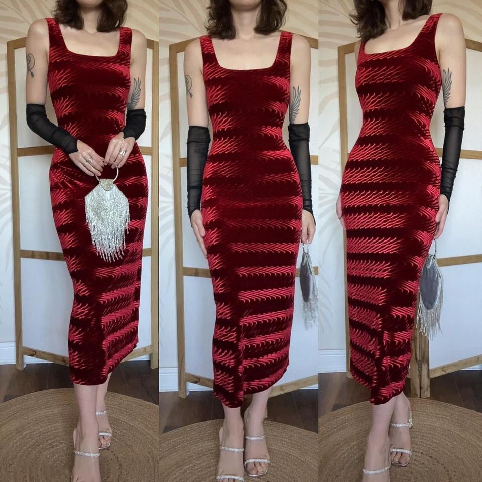Red velvet stretch textured Bodycon midi dress uk 12