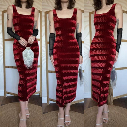 Red velvet stretch textured Bodycon midi dress uk 12
