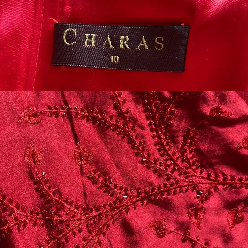 Red strapless lace up back evening gown UK 10