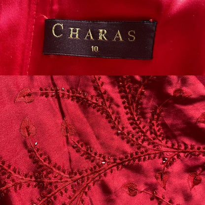 Red strapless lace up back evening gown UK 10