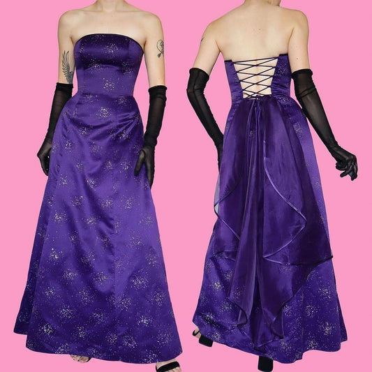 Purple Morgan & Co glittery strapless evening gown UK 10