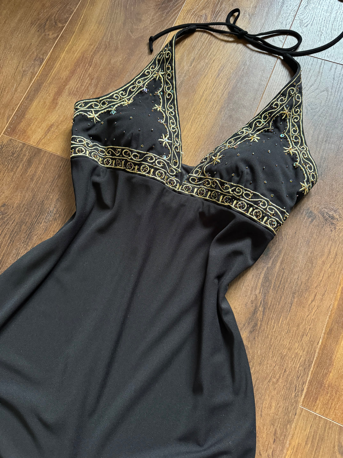 Black stretch halter neck evening dress uk 12