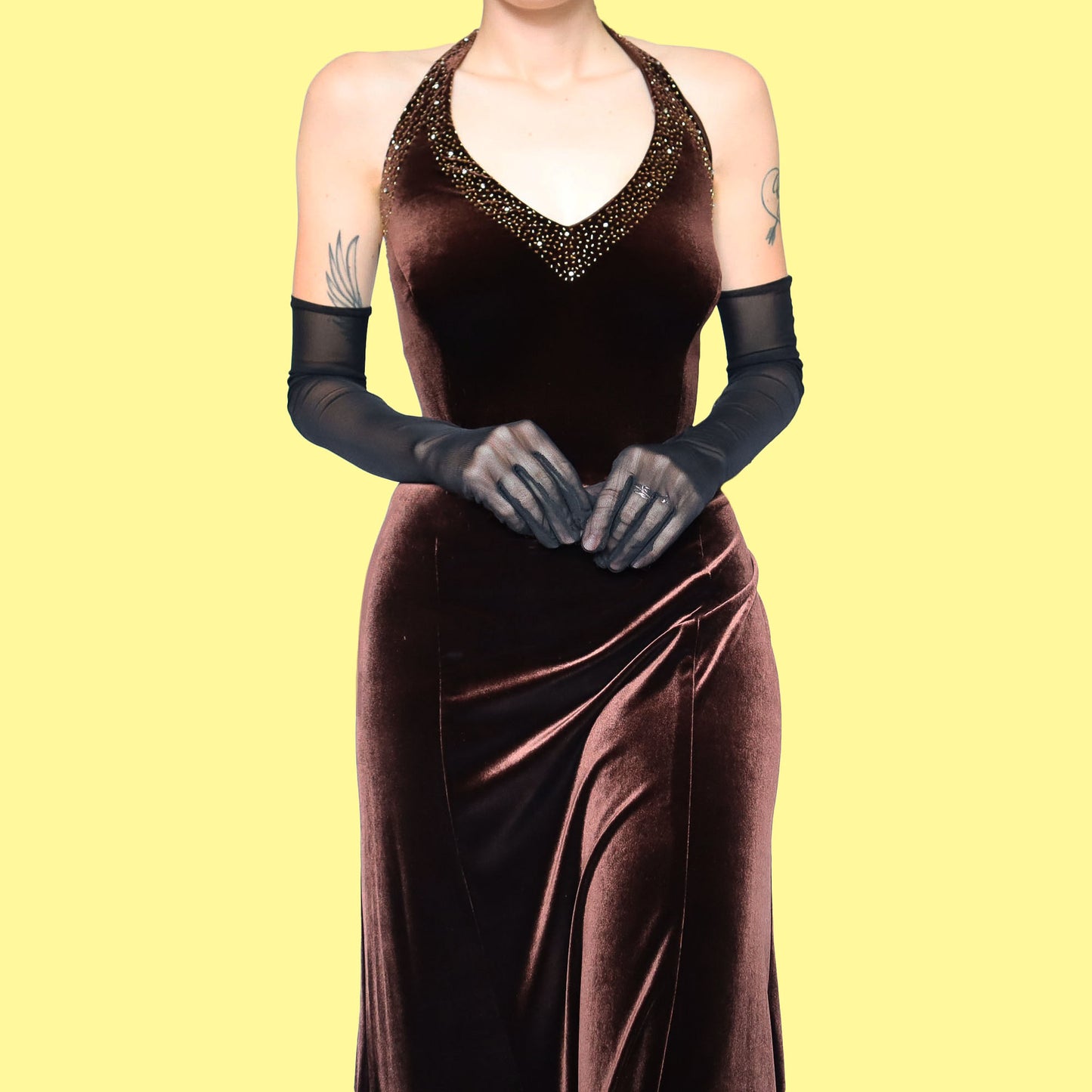 Brown velvet halter neck evening dress UK 16