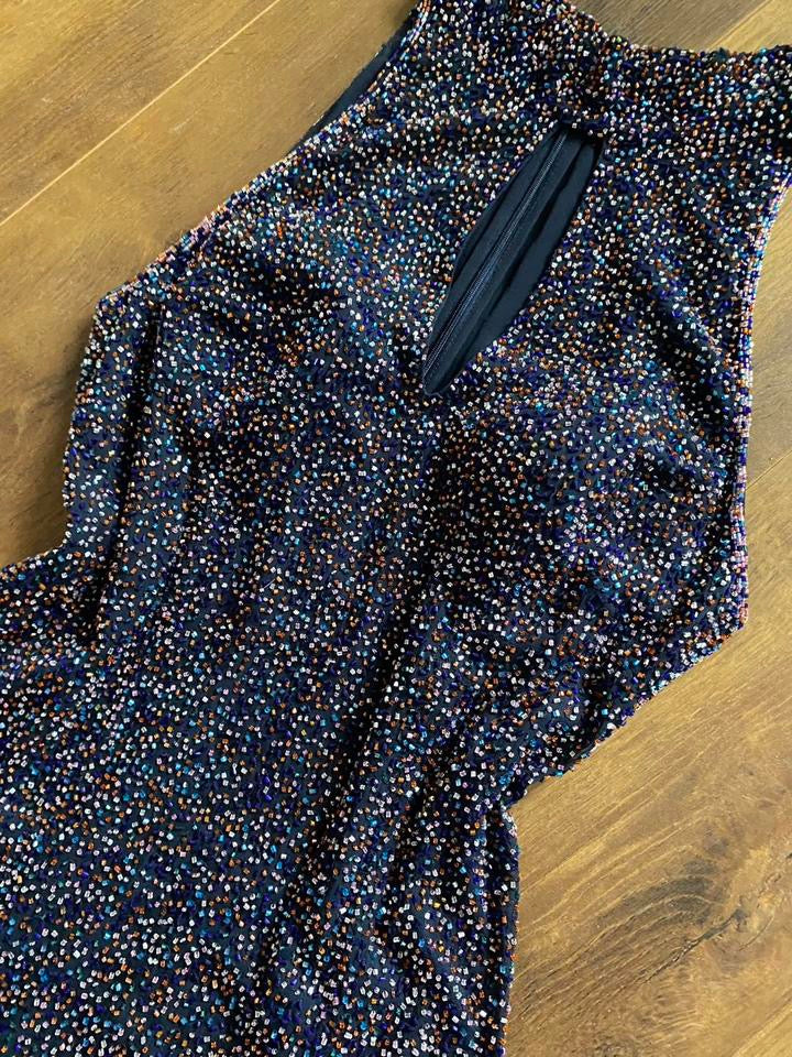 Navy silk high neck beaded evening dress UK 12-14