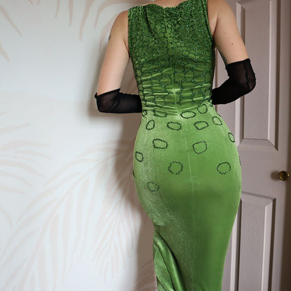 Frank Usher Silk Blend Green Velvet Evening Dress UK 12-14