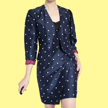 Polka dot Patsy Seddon 100% silk 2 piece UK 8
