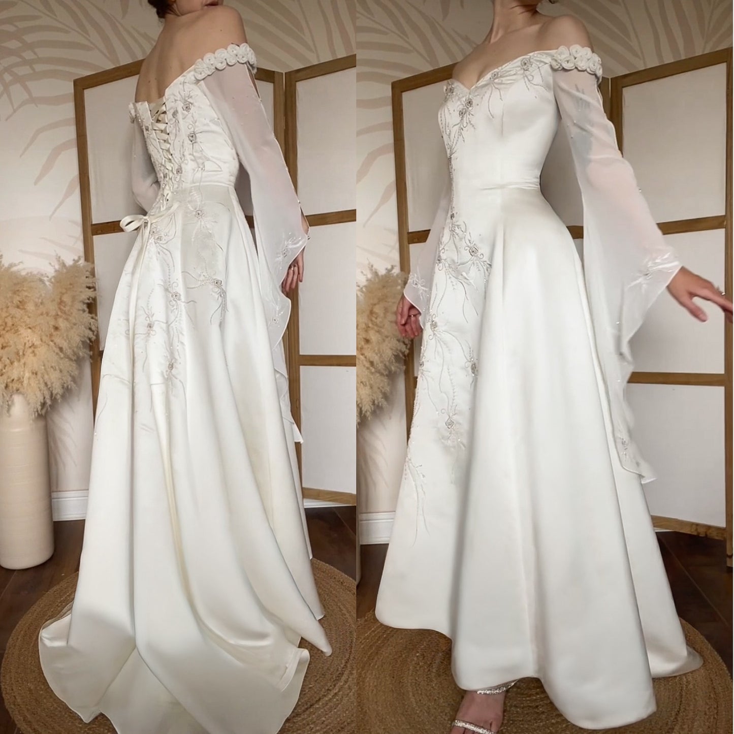 Dreamy off shoulder ivory long sleeve vintage wedding dress uk 12-14