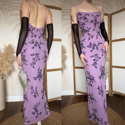 Purple silk beaded floral evening dress UK 14-16