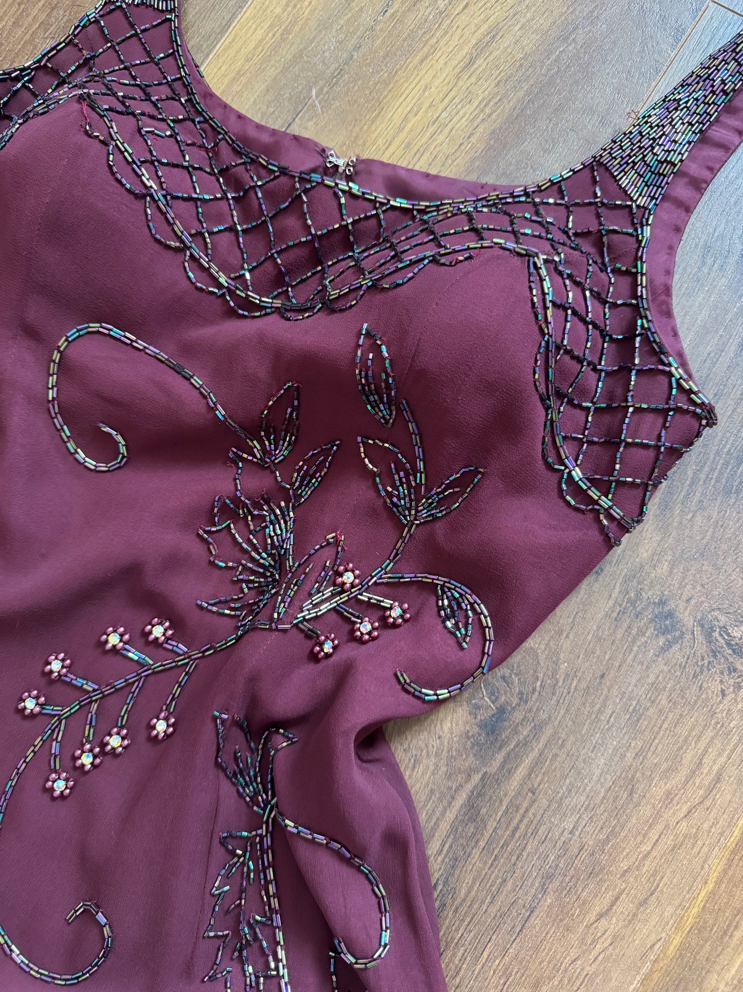Yve London 100% silk burgundy beaded evening dress uk 10