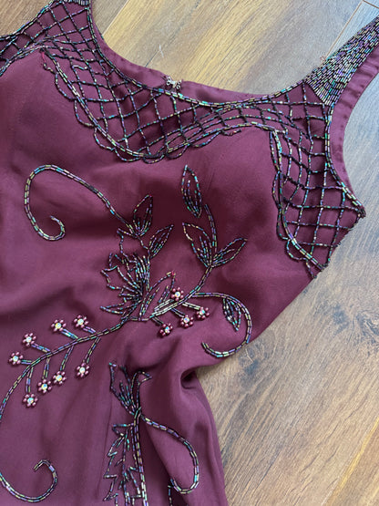 Yve London 100% silk burgundy beaded evening dress uk 10