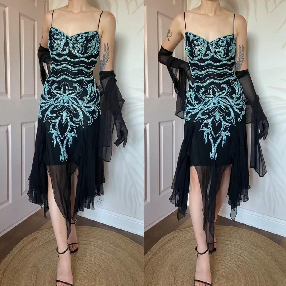 Black evening dress with turquoise beading & shawl UK 12