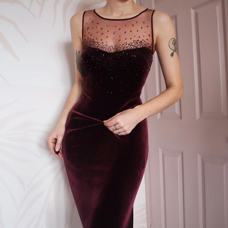 Debut burgundy velvet evening dress & shawl UK 12