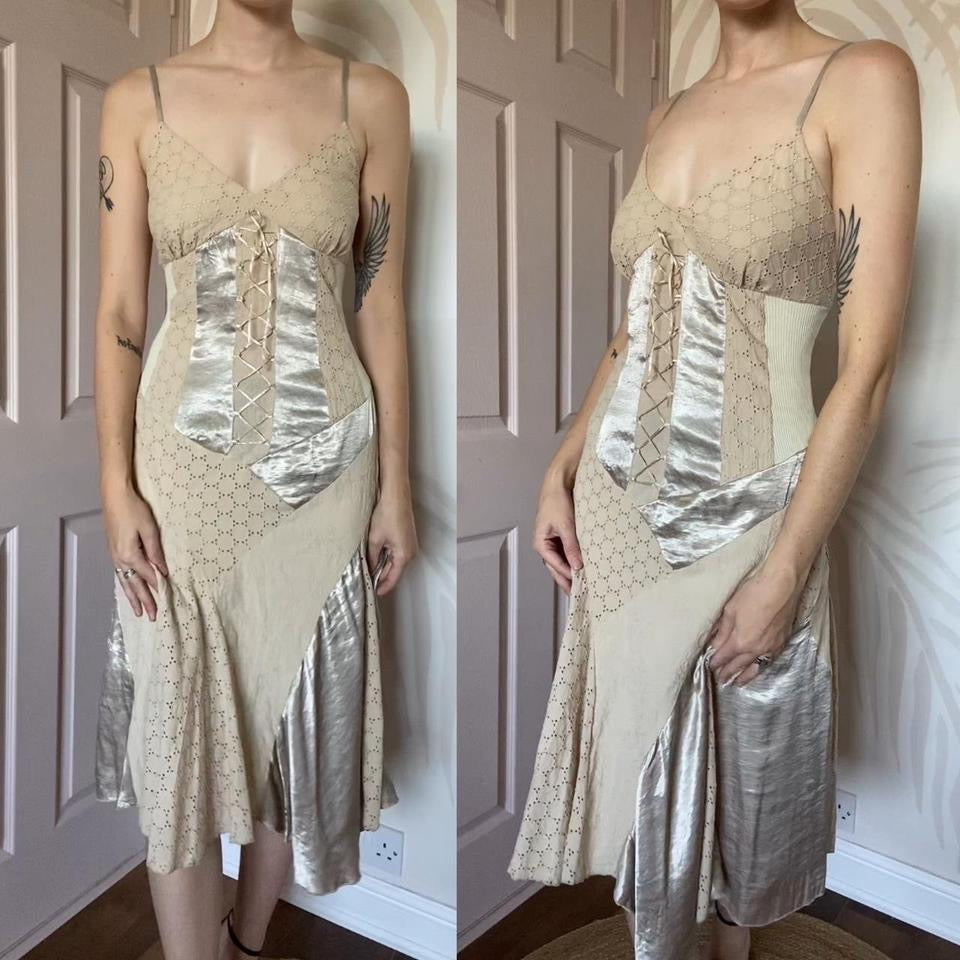 Tan satin panel lace midi dress UK 12