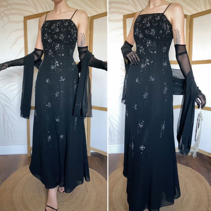 Yve London black beaded evening dress & shawl uk 12