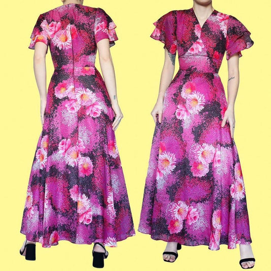 Vintage 70s Pink Floral Flared Sleeve A-Line Dress UK 8