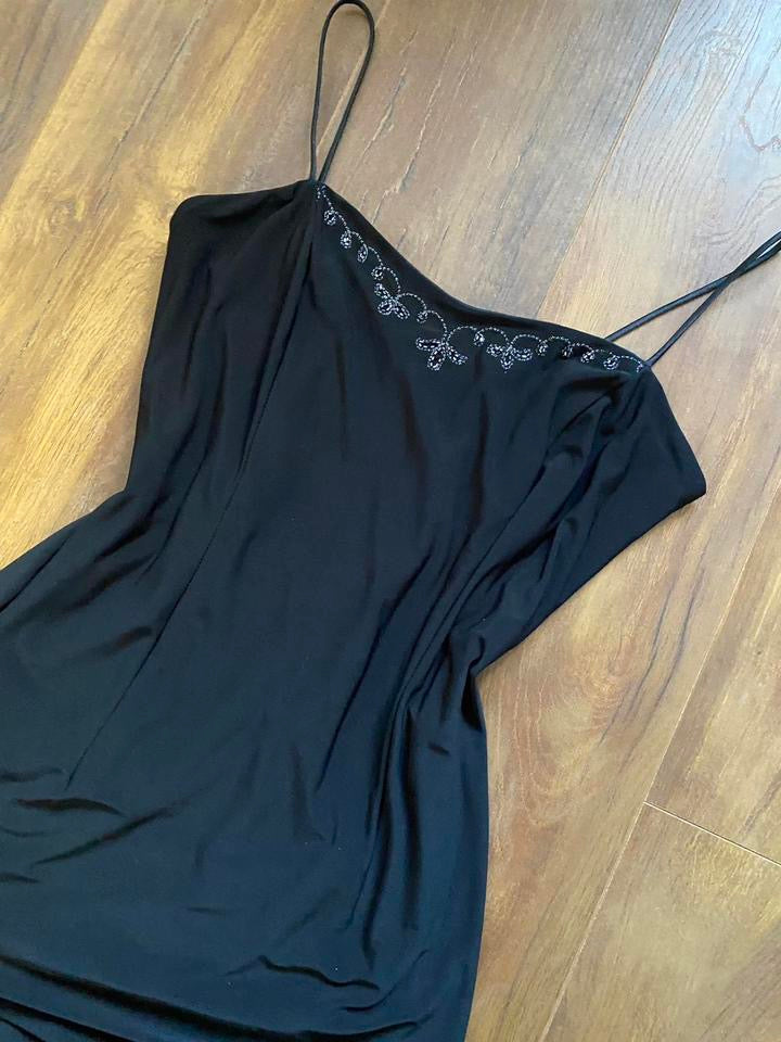 Flori black stretch flared hem evening dress UK 12-14