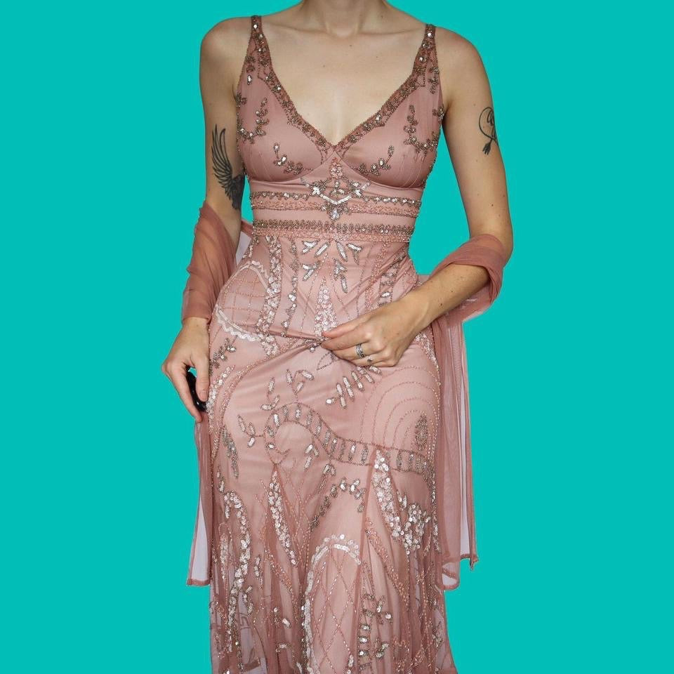 Dusky pink stretch midi dress & shawl UK 10