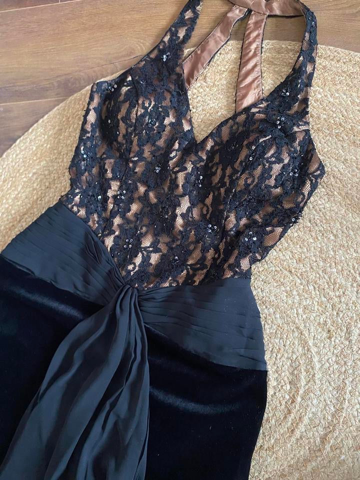 Dave & Johnny black lace & velvet evening dress uk 12