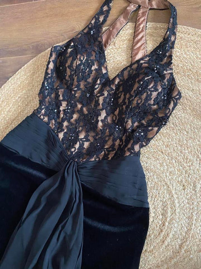 Dave & Johnny black lace & velvet evening dress uk 12