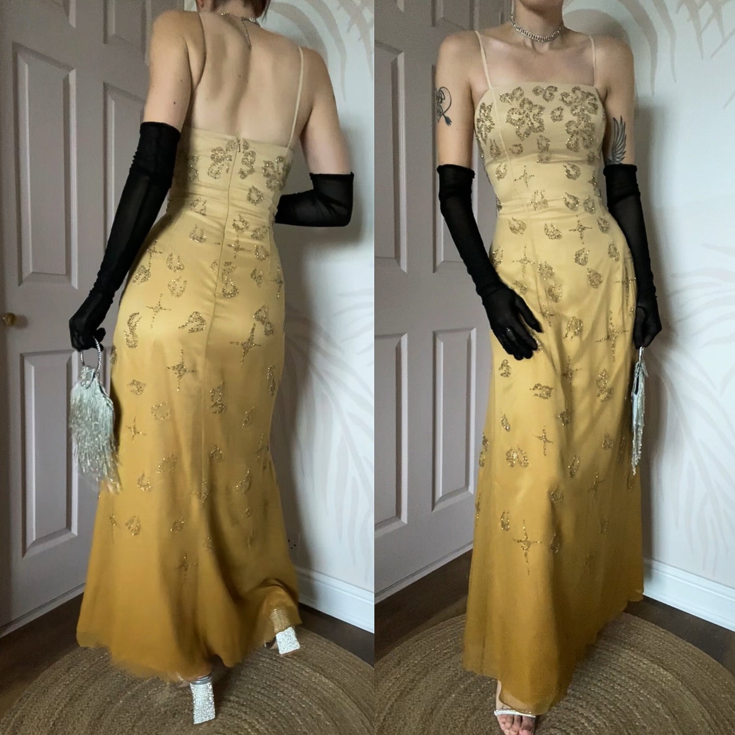 100% silk Goya tan/yellow beaded evening dress UK 14-16