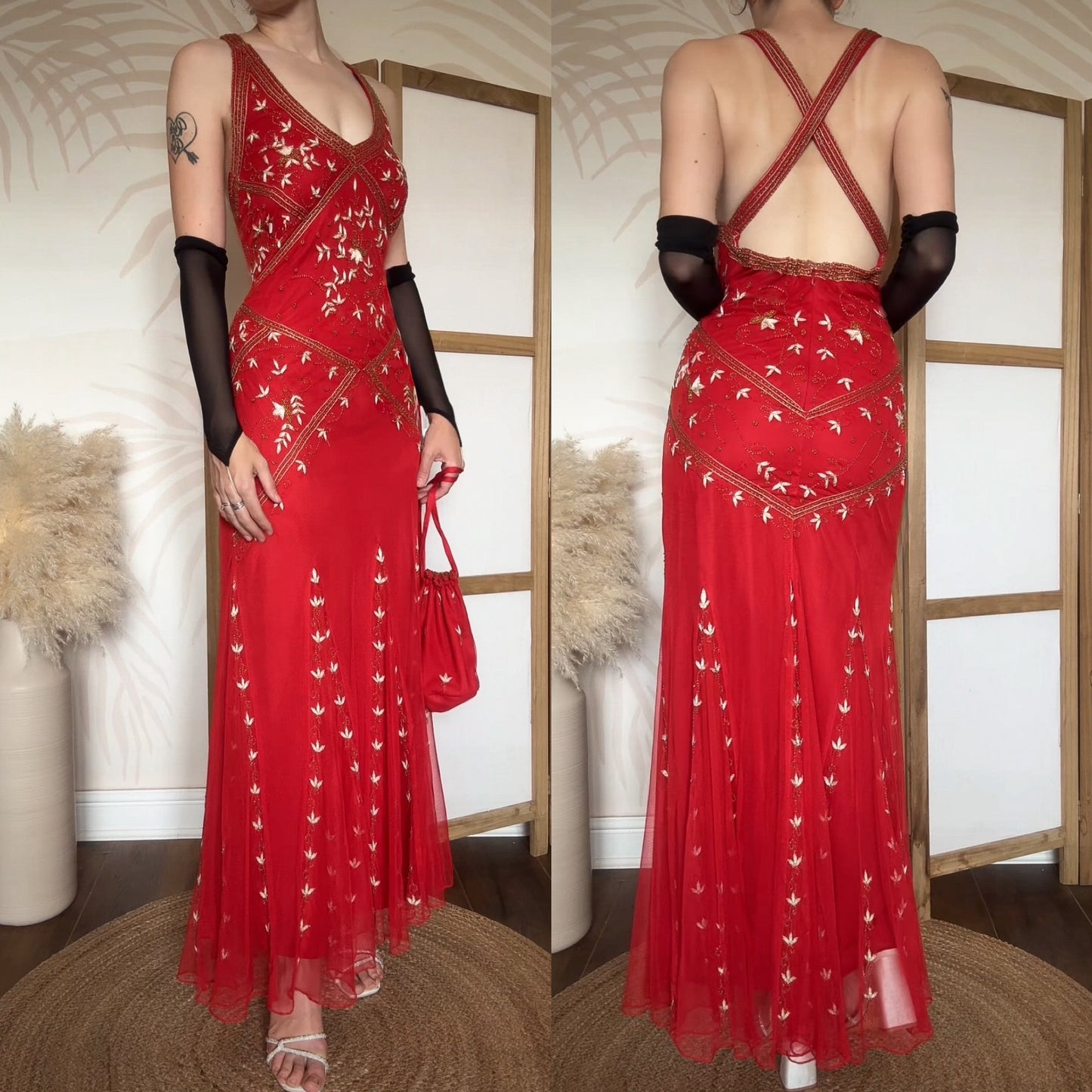 Red y2k beaded stretch evening dress uk 16
