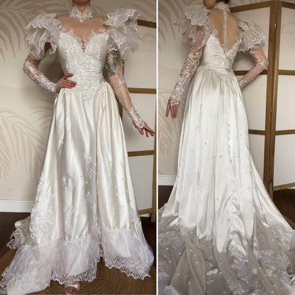 80s lace satin wedding dress with removable sleeves UK 10