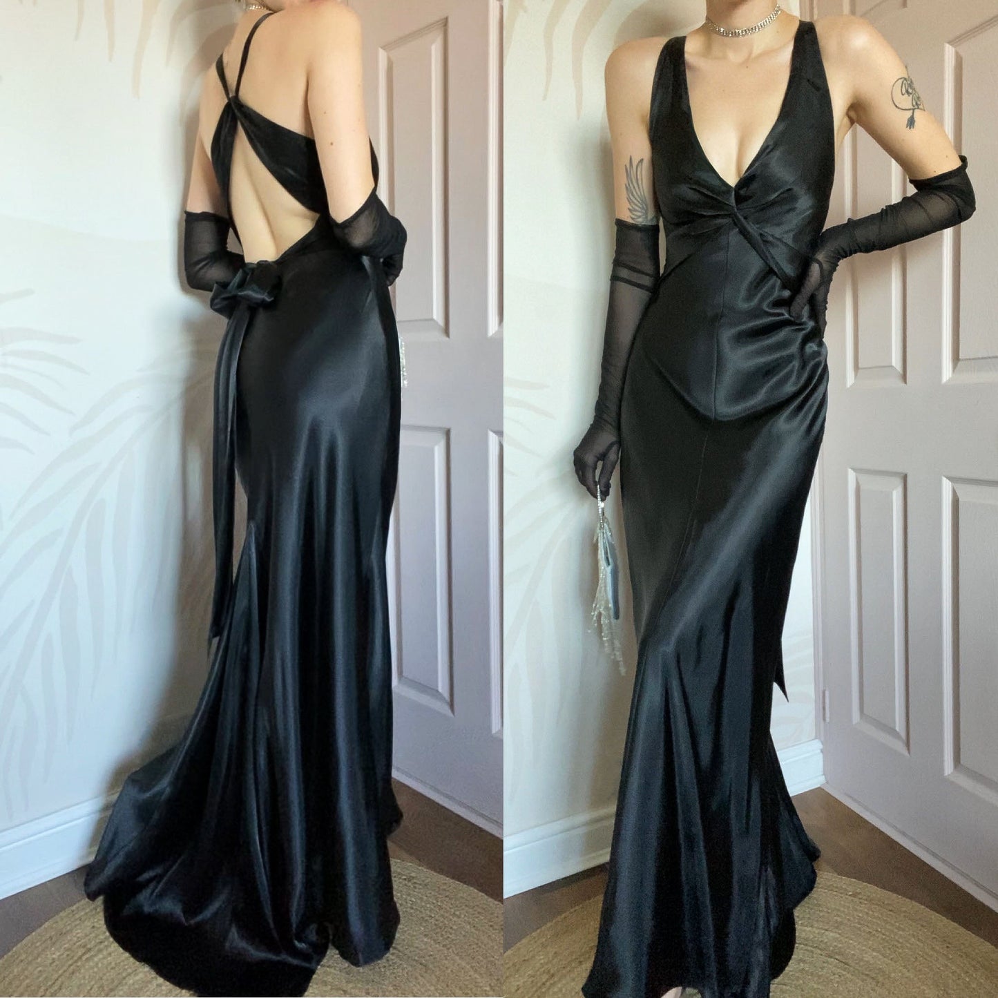 Black satin Betsy & Adam evening gown UK 14