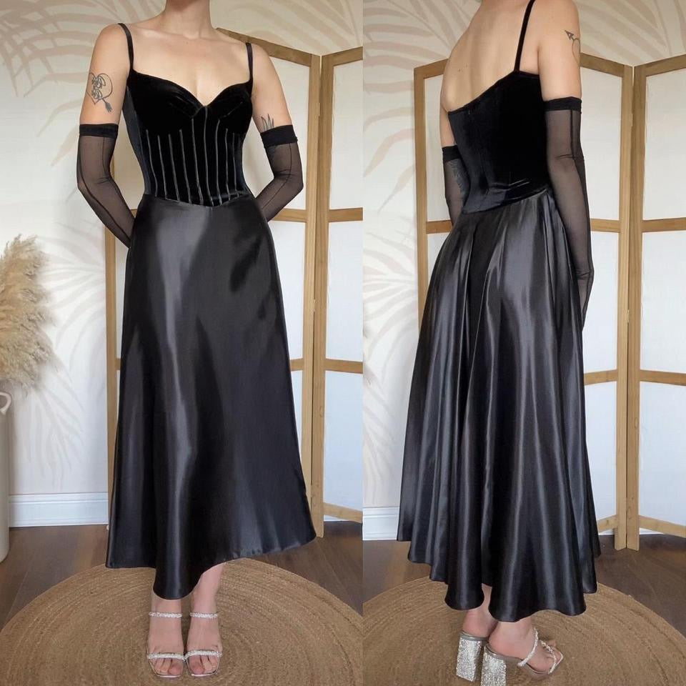 Simon Ellis black velvet/satin midi dress uk 10-12