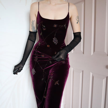 Dark purple velvet stretch beaded evening dress UK 12
