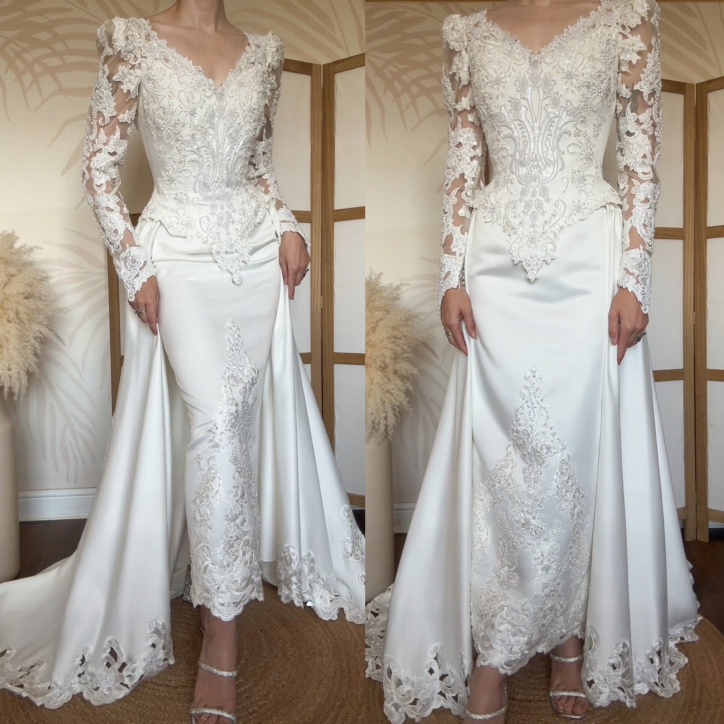 Long sleeve ivory lace wedding dress with detachable train uk 8-10