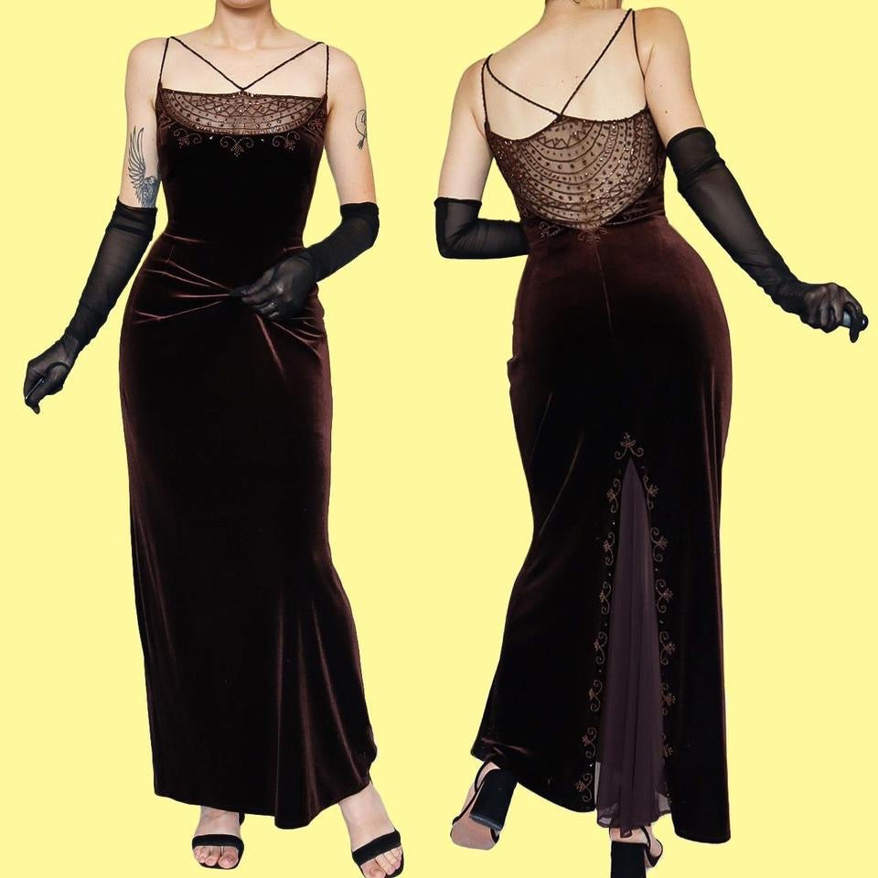 Vintage 90s Dave & Johnny Brown Velvet Beaded Evening Gown UK Size 16