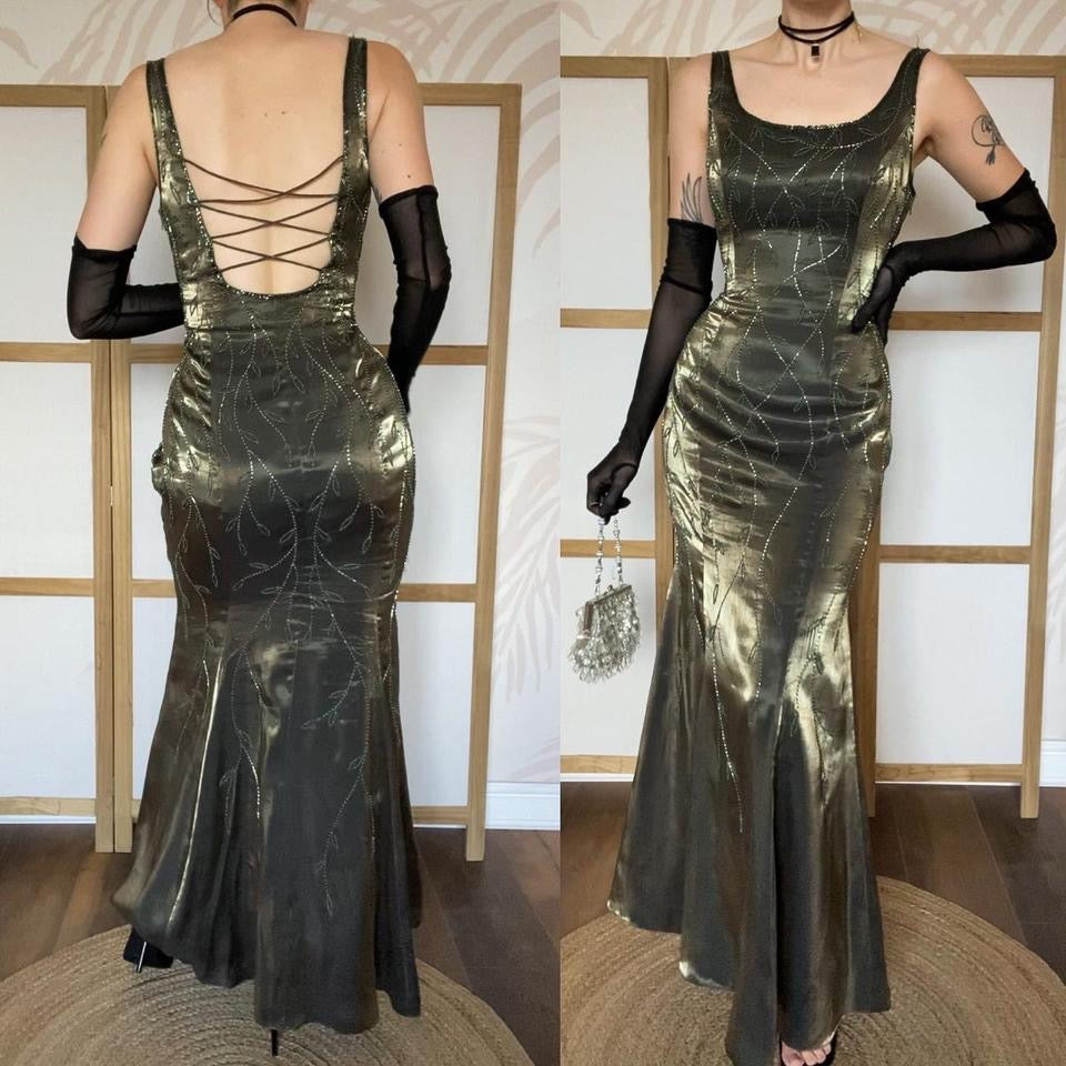 Christine Elizabeth iridescent green beaded gown UK 12