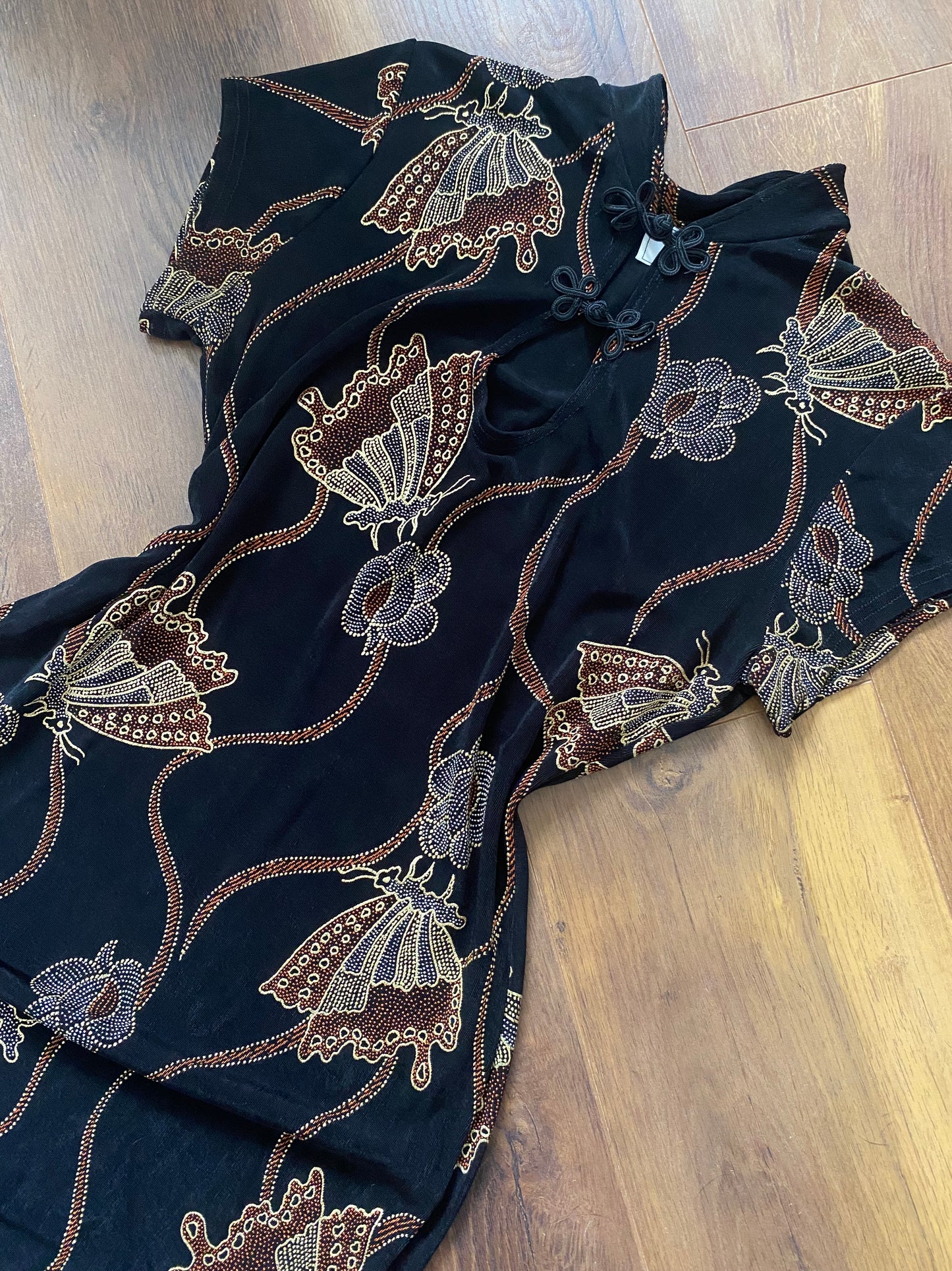 Black stretch butterfly print evening dress uk 12