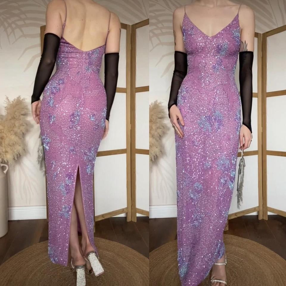 Purple 100% silk beaded/sequin evening dress uk 10-12
