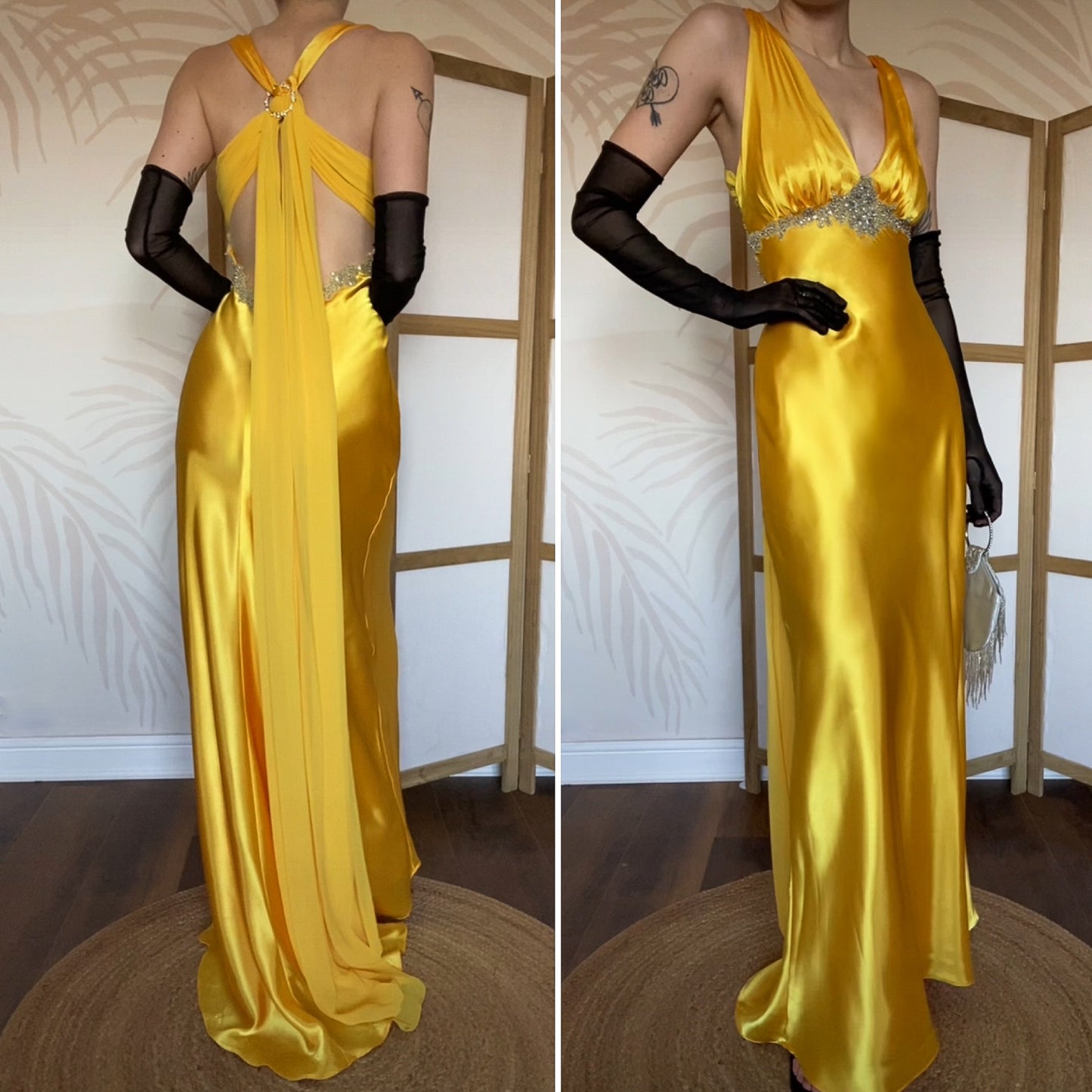 Niki Livas silky yellow evening prom dress UK 12