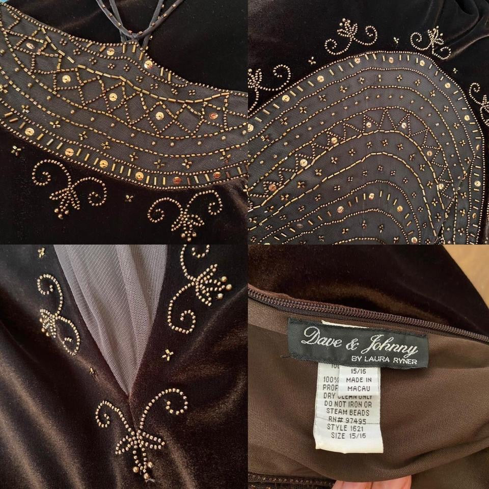 Vintage 90s Dave & Johnny Brown Velvet Beaded Evening Gown UK Size 16