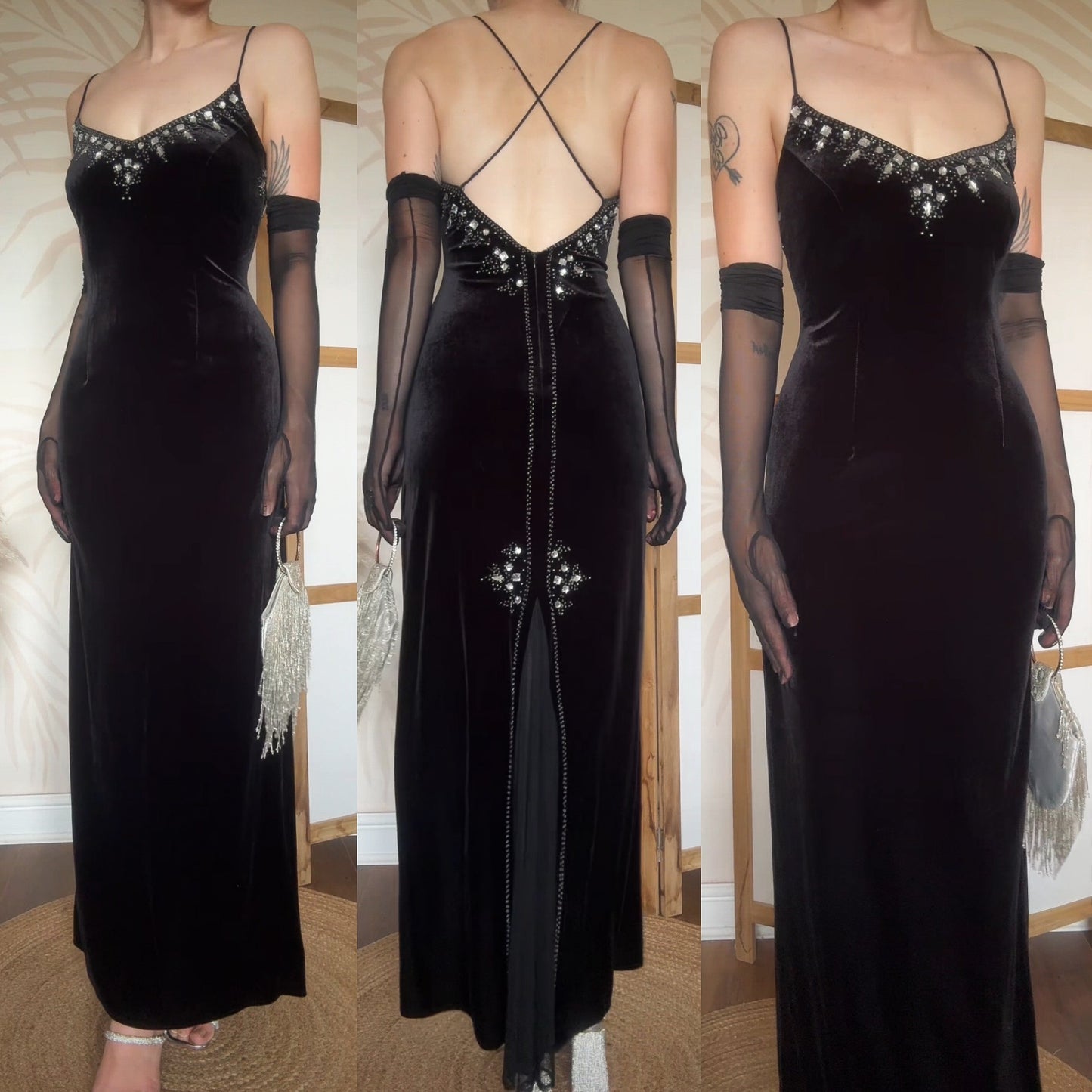 Black velvet stretch 90s evening dress uk 12