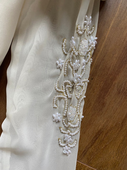 Cream off shoulder fitted wedding dress UK 12