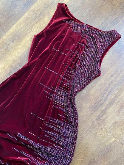 Frank Usher red velvet beaded evening dress uk 12