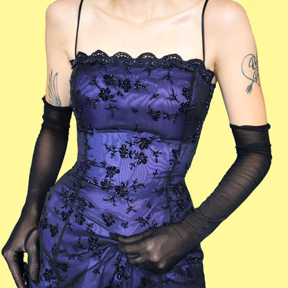 Purple glittery floral beaded evening prom dress UK 14