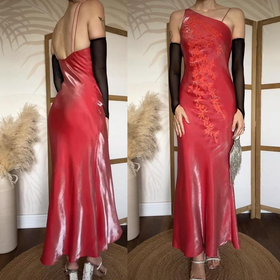 Orangey/red silky evening dress uk 6-8/XS