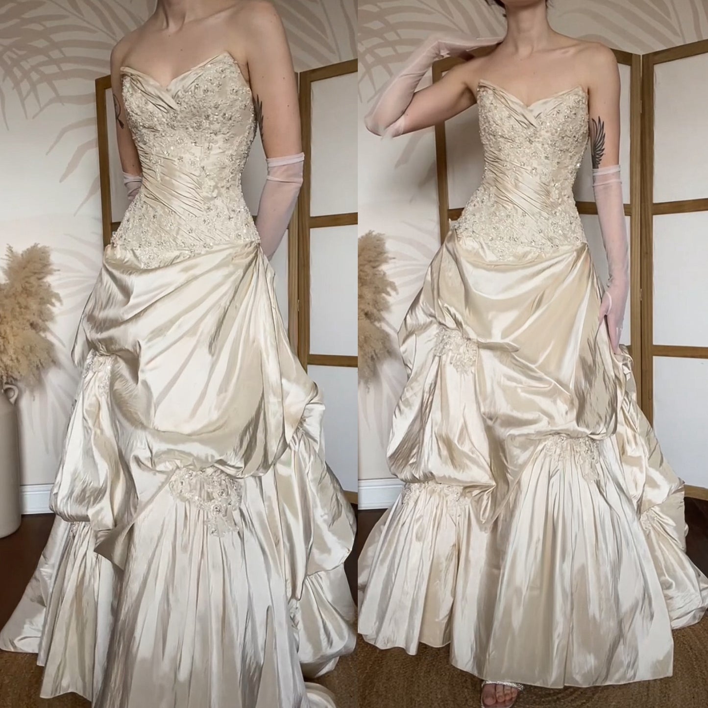 Champagne Maggie Sottero strapless a-line wedding dress uk 10