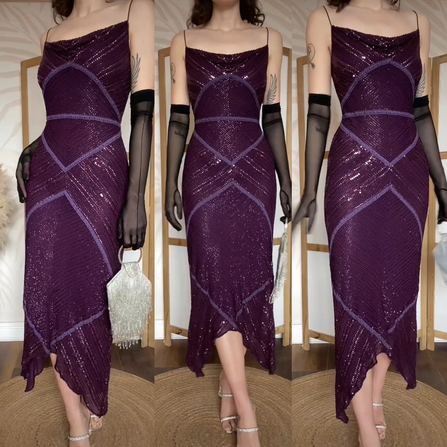 Purple 100% silk beaded evening gown uk 10-12