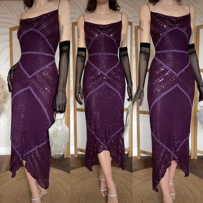 Purple 100% silk beaded evening gown uk 10-12