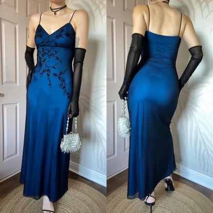 John Charles vintage 90s blue beaded dress UK 8-10